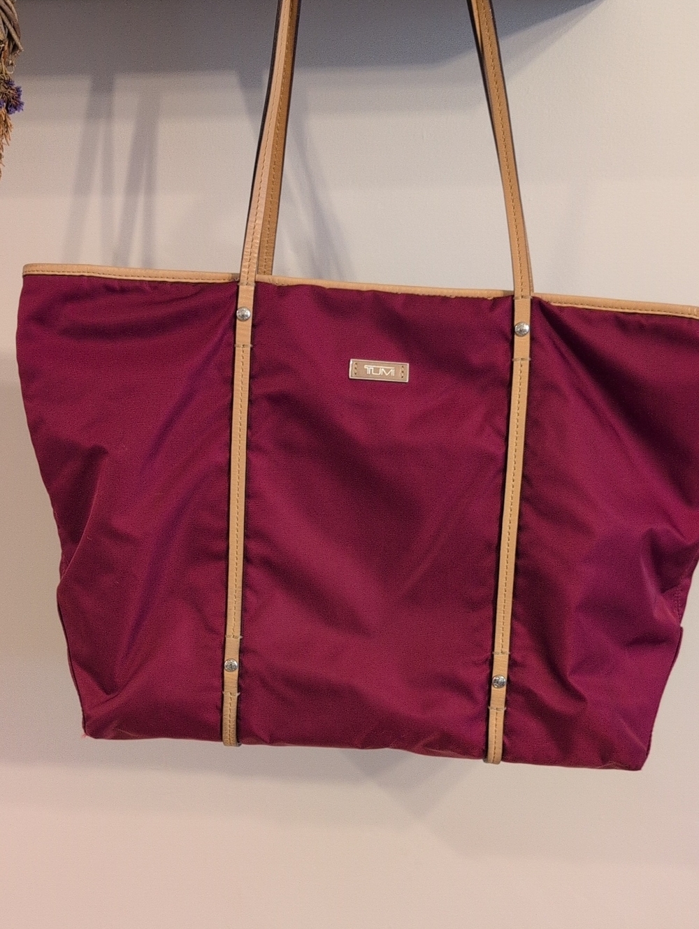 Tumi Burgundy Nylon Tote with Lime Green Leather Trim